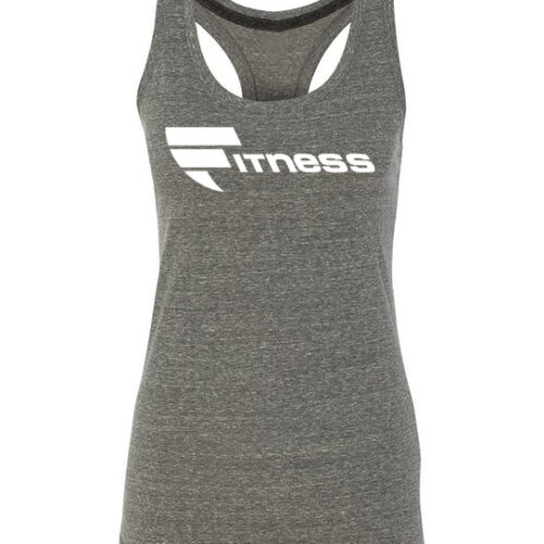 A gray tank top with the word fitness written on it.