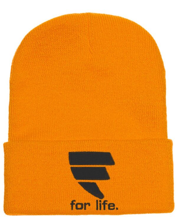 A yellow beanie with an orange and black logo.