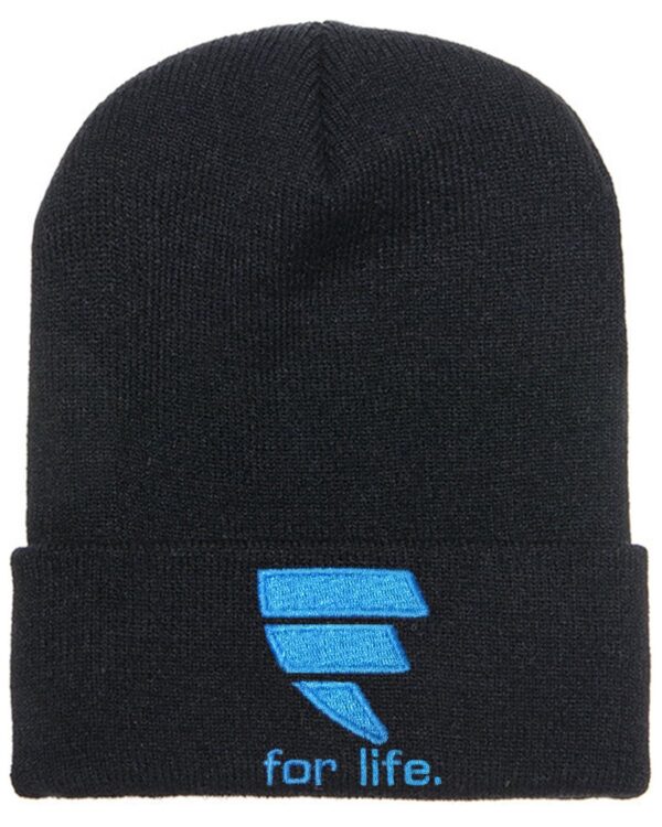 A black beanie with a blue logo on top of it.