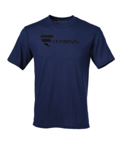 A navy blue t-shirt with the word fitness on it.