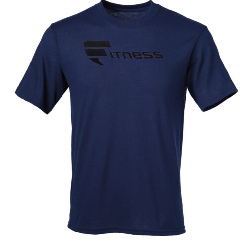 A navy blue t-shirt with the word fitness on it.