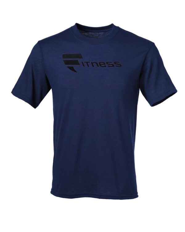 A navy blue t-shirt with the word fitness on it.