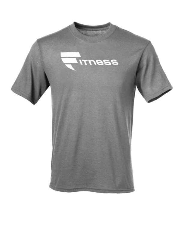 A gray t-shirt with the word fitness written on it.