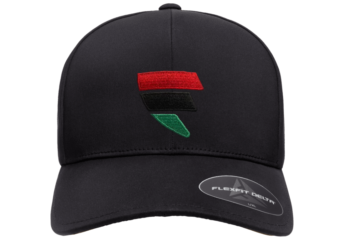 A black hat with a red, green and white logo.