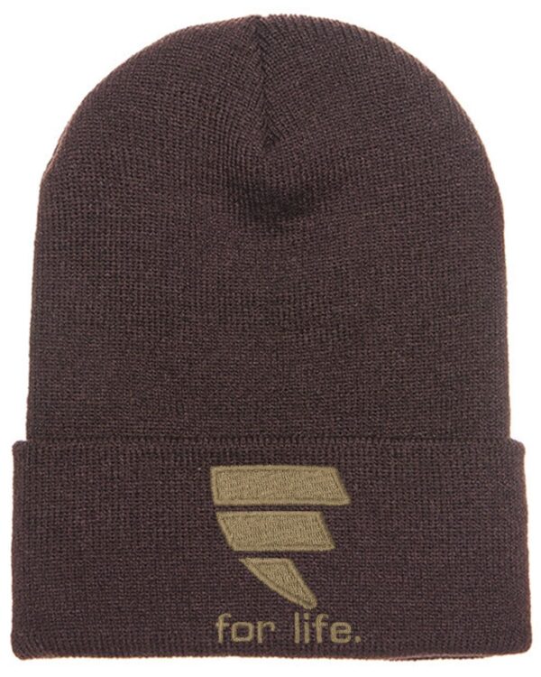 A brown beanie with an embroidered logo on it.