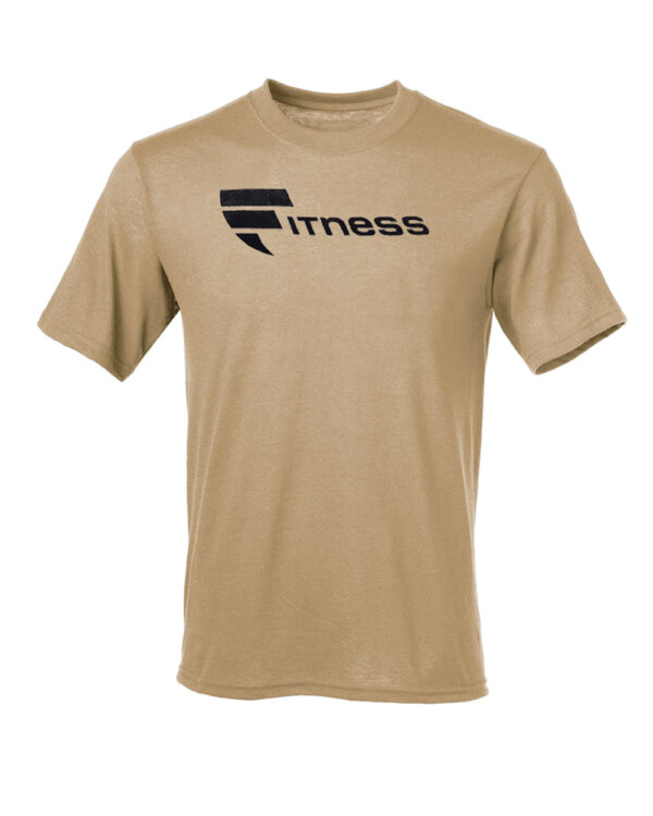 A tan t-shirt with the word fitness on it.