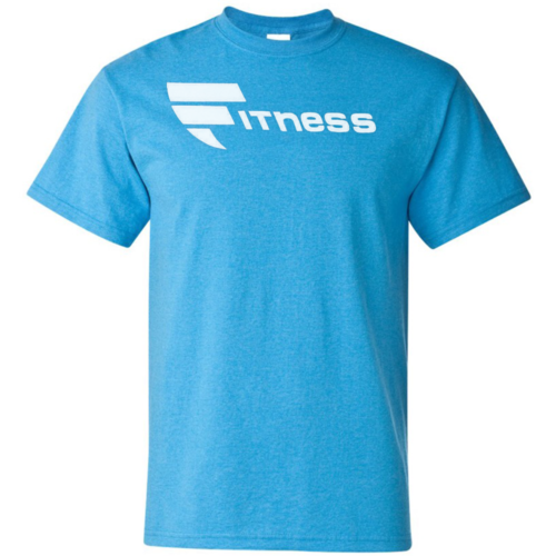 A blue t-shirt with the word fitness written on it.