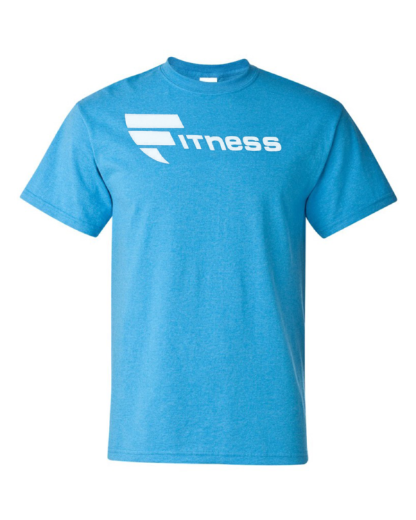 A blue t-shirt with the word fitness written on it.