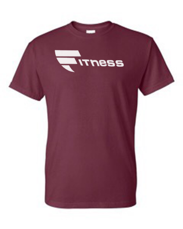 A maroon t-shirt with the word fitness on it.