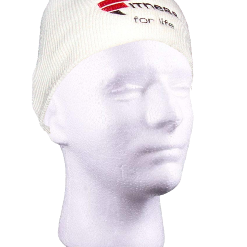 A white head wearing a headband with the words " triathlon for life ".