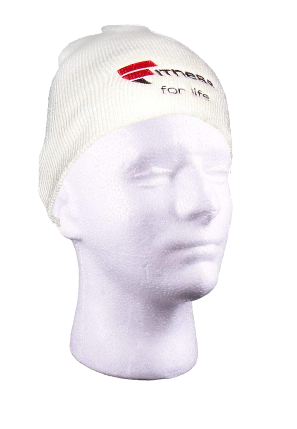 A white head wearing a headband with the words " triathlon for life ".