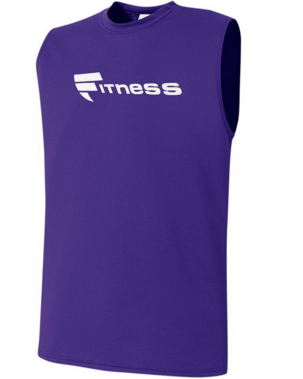 A purple sleeveless shirt with the word fitness written on it.