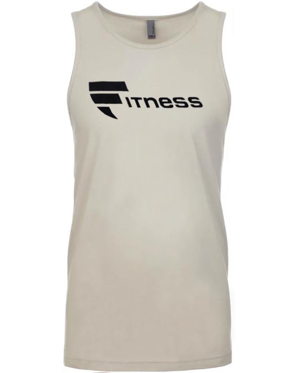 A white tank top with the word fitness written on it.