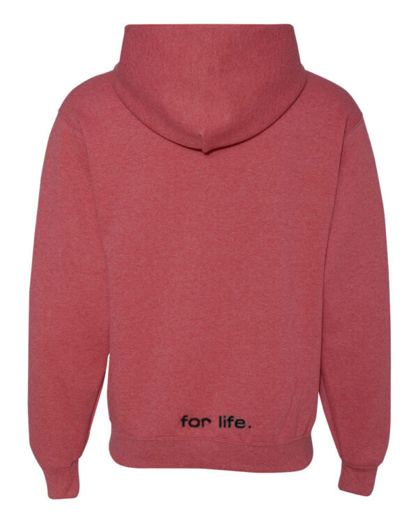 A red hoodie with the words for life written on it.