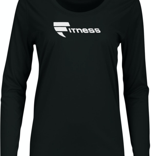 Ladies black long sleeve fitted tee with the word fitness in pink on the front and for life on the back of the neck.