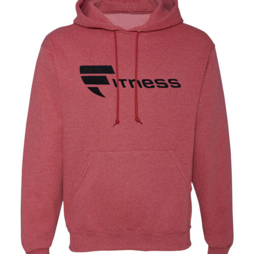 A red hoodie with the word fitness written on it.