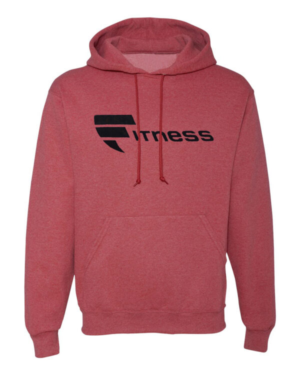 A red hoodie with the word fitness written on it.