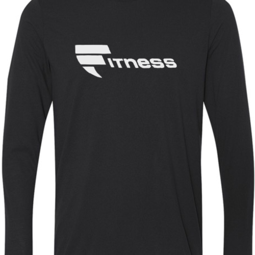 A black long sleeve shirt with the word fitness on it.