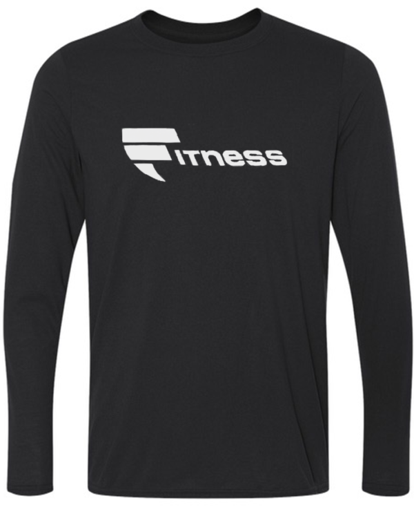 A black long sleeve shirt with the word fitness on it.