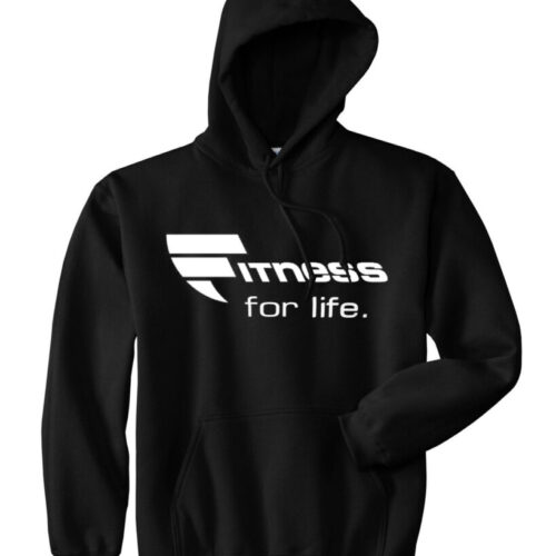 A black hoodie with the words " fitness for life ".