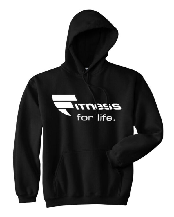 A black hoodie with the words " fitness for life ".