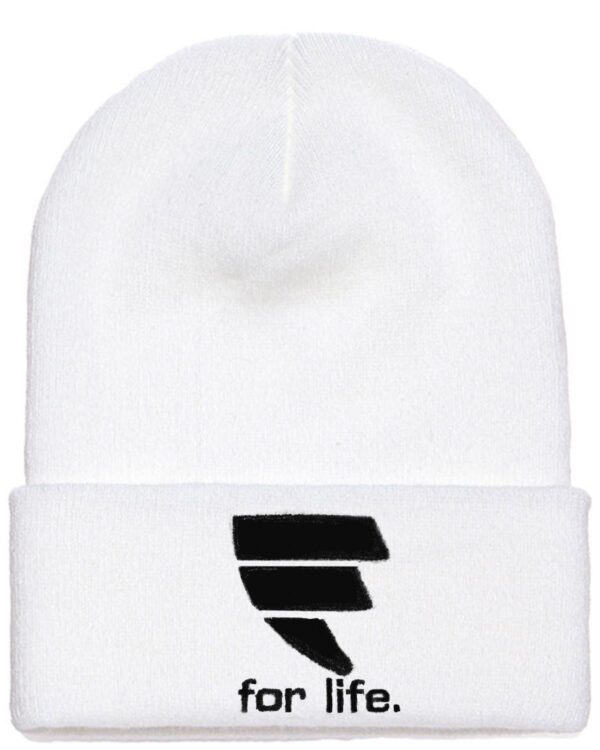 A white beanie with the letter f on it.