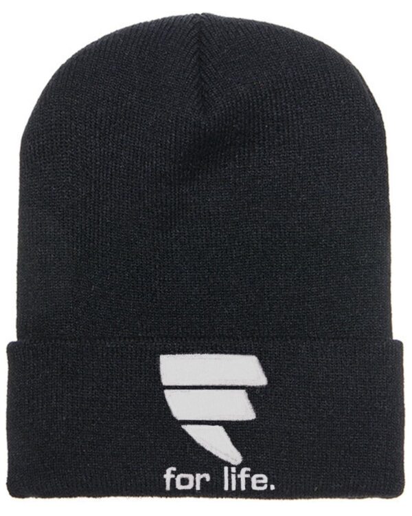 A black beanie with the letter e on it.