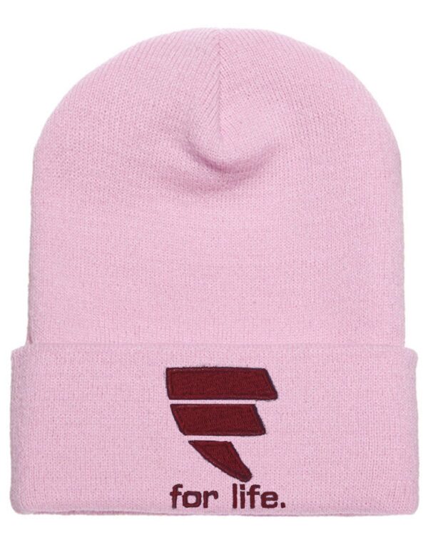 A pink beanie with the letter e on it.