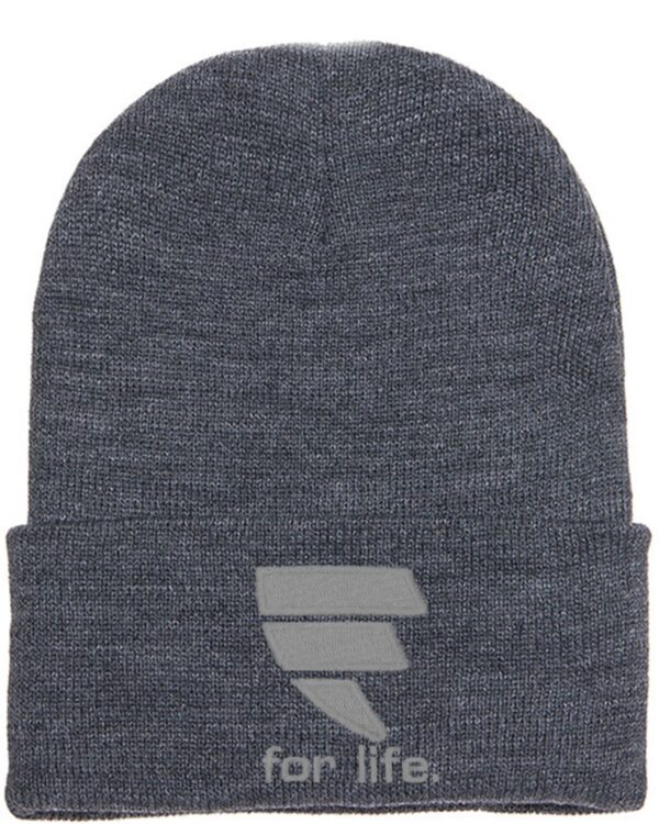 A gray beanie with an emblem on the side.