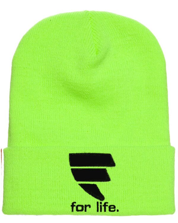 A neon green beanie with the letter f on it.